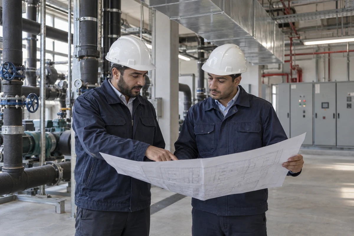 مهندسان يراجعان مخططات الأنظمة الكهروميكانيكية داخل موقع — صورة مولّدة
