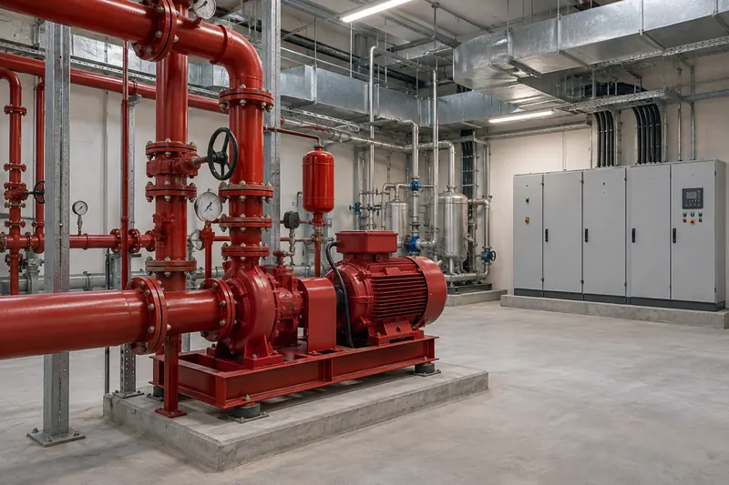 Plant room with a fire pump, electrical panels and ventilation ducts — illustrative image
